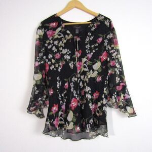 Silkland Women's Top 1X Black Floral Silk Sheer Fairy Sequins Vintage Whimsygoth